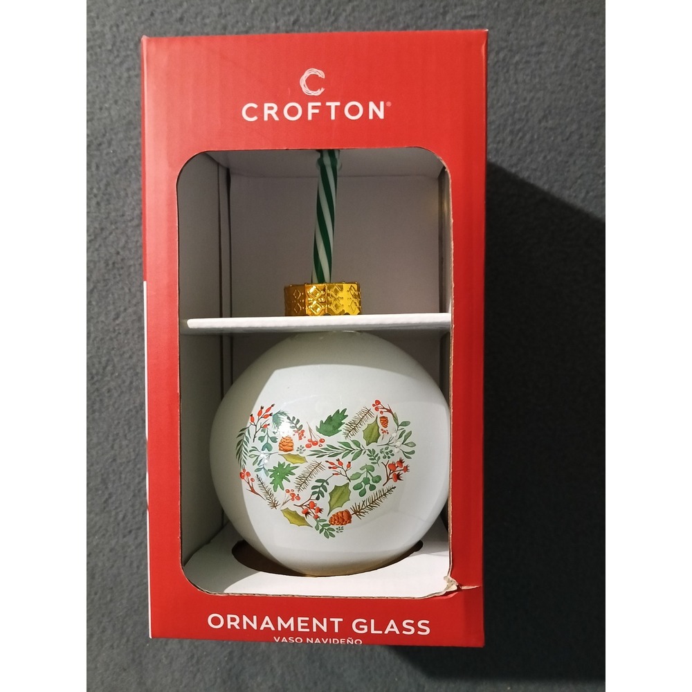 Crofton Christmas Ornament Glass Tumbler Cup with Straw 13.2oz Holiday Decor
